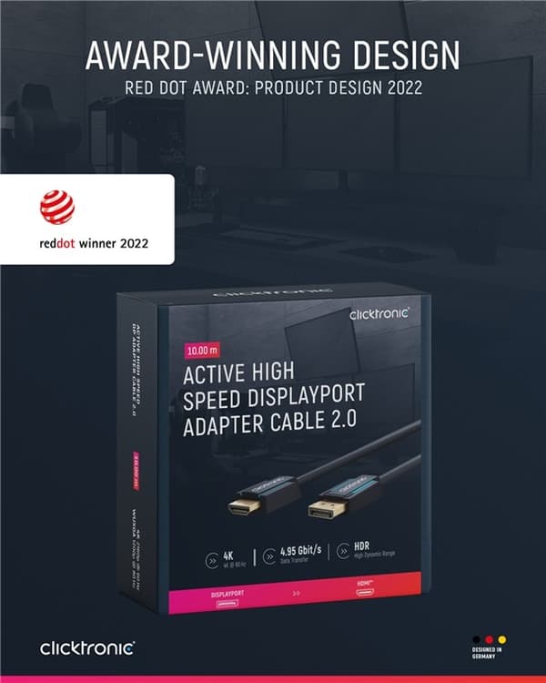 ClickTronic Adapterkabel för aktiv DisplayPort™ till HDMI™ (4K/60Hz) Premiumkabel | 1x DisplayPort™-kontakt >> 1x HDMI™-kontakt | 10,0 m | 4K @ 60 Hz