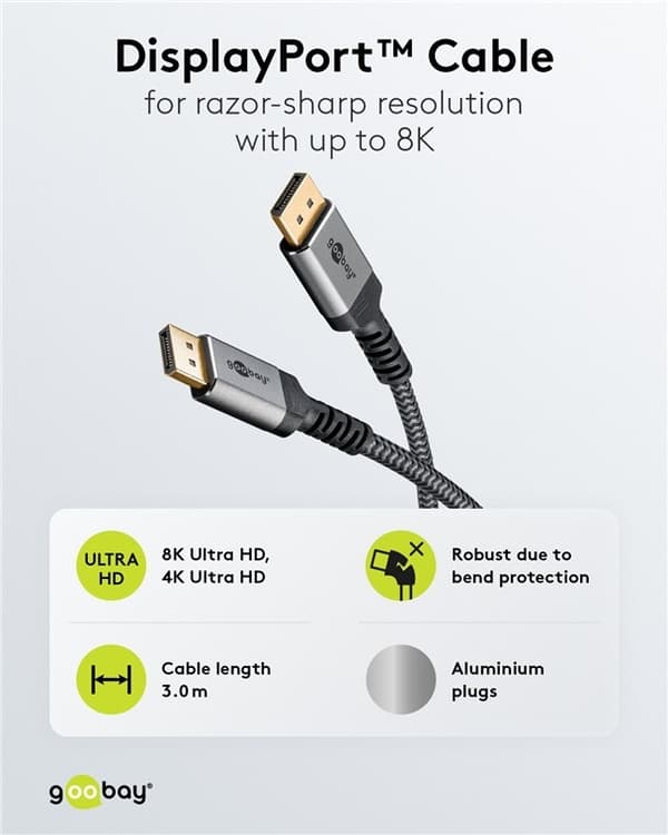 Goobay DisplayPort-kabel, DP 1.4, 3 m, Sharkskin Grey DisplayPort™ stik > DisplayPort™ stik