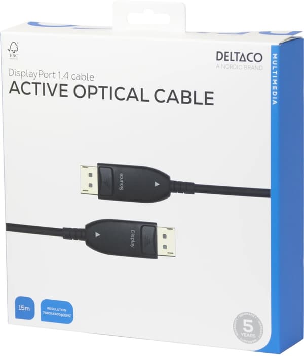 DELTACO Displayport 1.4-kabel, AOC, 8K@30 Hz, 15 m, svart