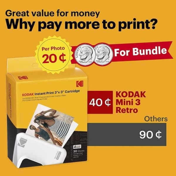 Kodak Mini 3 Retro Black, bärbar fotoskrivare, snabb utskrift, HD-foton, 54 x 86 mm Bluetooth, iOS och Android kompatibel