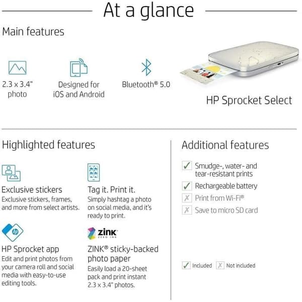 HP Sprocket Select Instant Printer - 5,8 x 8,7 cm - Bluetooth 5.0 - Kantlös utskrift - Vit