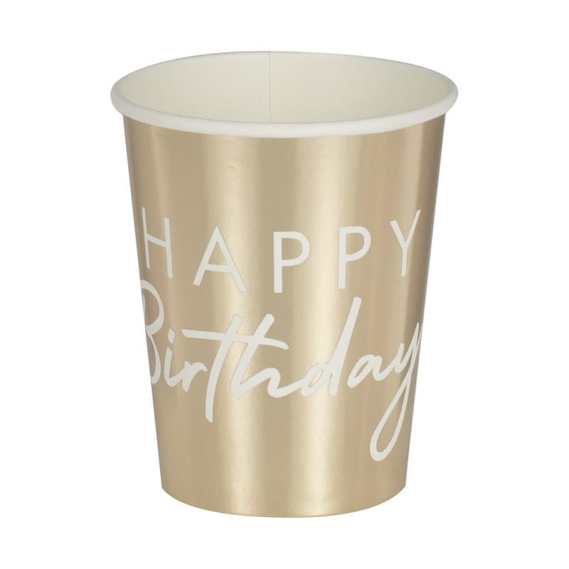Pappersmugg "HAPPY Birthday" Guld, 8-pack