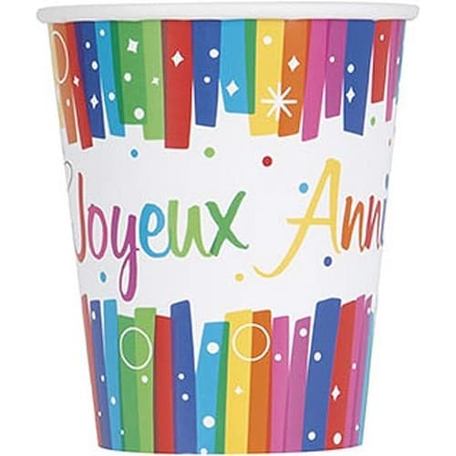 Unique Party Joyeux Anniversaire Paper Disposable Cup (Pack of 8) Multicoloured One Size