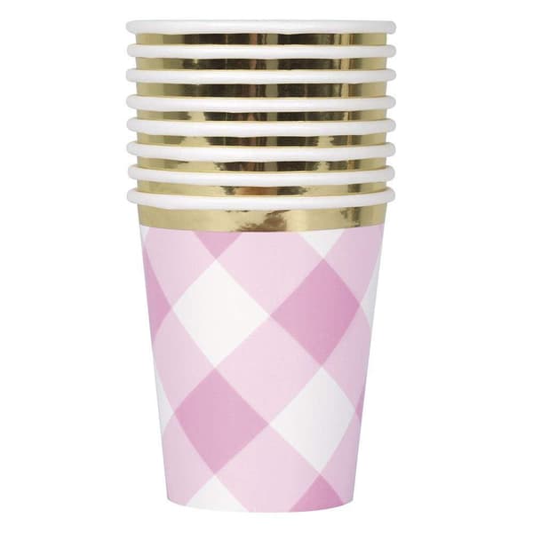Unique Party Paper Gingham 1st Birthday Disposable Cup (Pack of 8) Pink/White/Gold One Size
