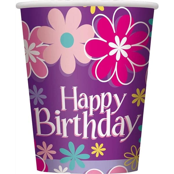 Unique Party Paper Floral Happy Birthday Party Cup (Pack of 8) Multicoloured One Size