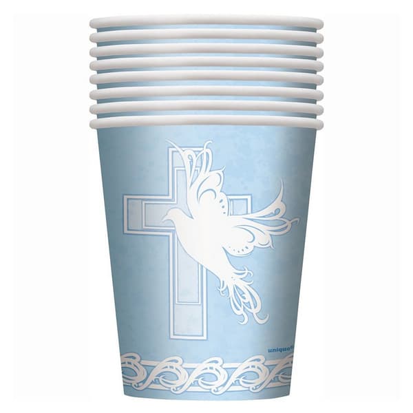 Unique Party Paper Dove Cross Christening Disposable Cup (Pack of 8) Blue One Size