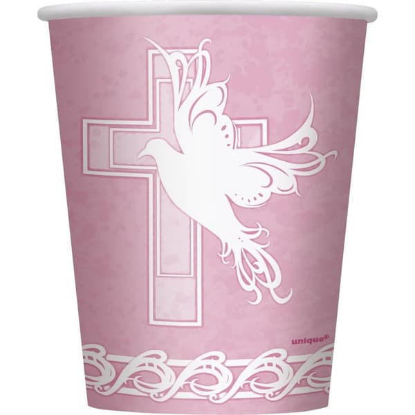 Unique Party Paper Dove Cross Christening Disposable Cup (Pack of 8)