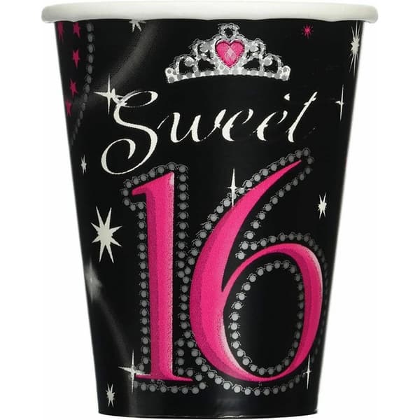 Amscan Sweet 16 Paper Disposable Cup (Pack of 8) Black/Pink One Size