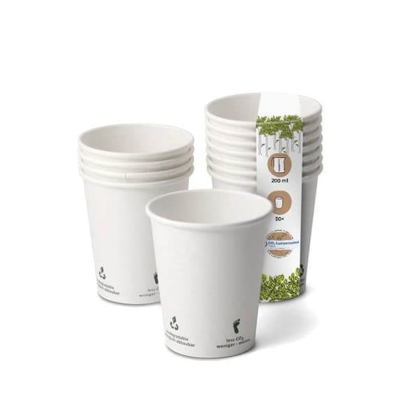 ENGANGSKOPPAR - Miljövänliga pappersmuggar, Kaffekoppar - vit med ikontryck, 200ml, 8oz, Ø 80mm, 50 koppar
