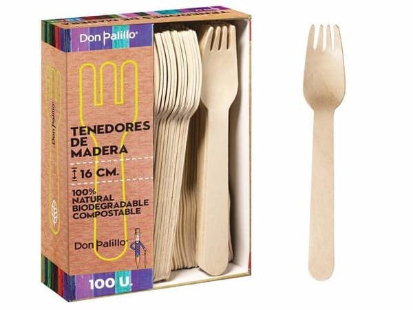 Don palillo engångsbestick - 100 engångsgafflar av trä, 16 cm. 100% naturlig, ekologisk, biologiskt nedbrytbar