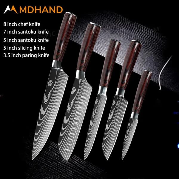 Kockknivset, 7CR17 rostfritt stål, ergonomiskt trähandtag,5PCS SET 02