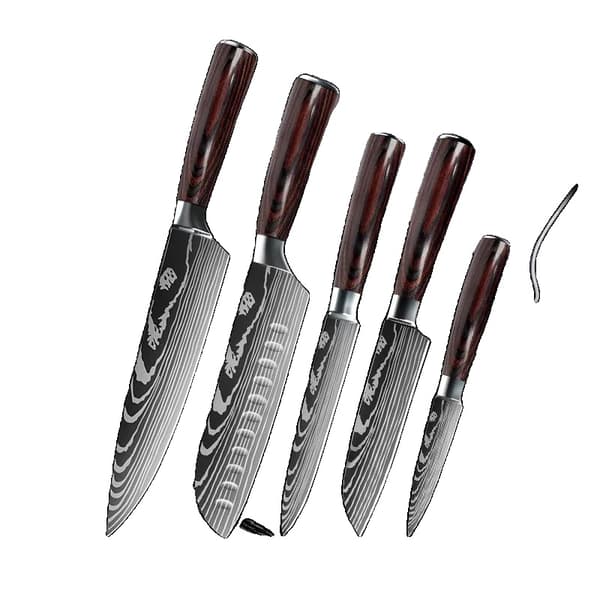 Kokkekniv Sæt, 7CR17 Rustfrit Stål, Ergonomisk Træhåndtag,5PCS SÆT 02