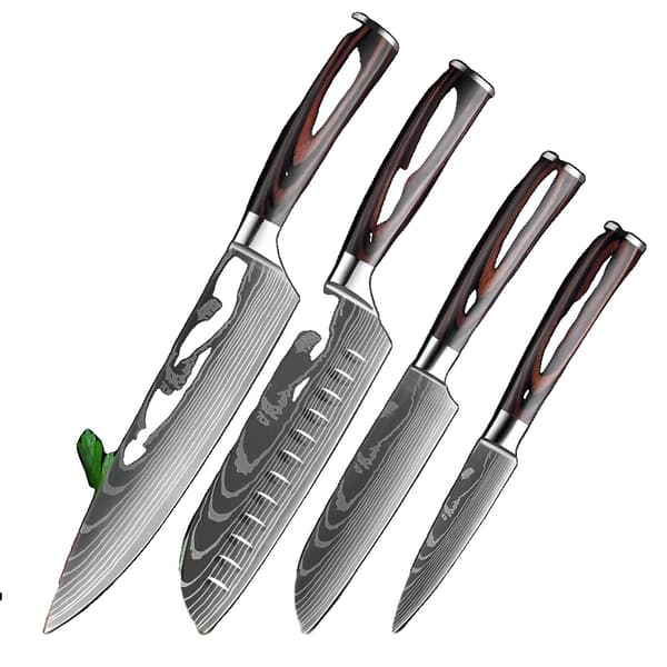 Japanskt Köksknivset, högkolhaltigt rostfritt stål, ergonomiskt trähandtag,ADEI 4-delars set