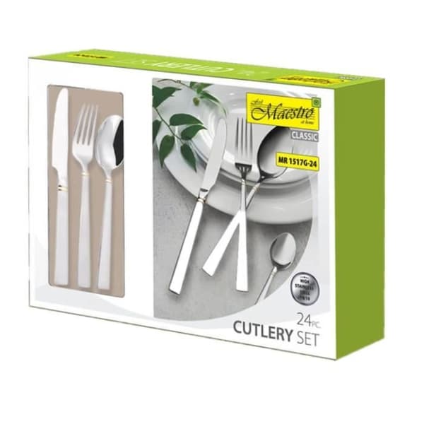 Set med bestick 24 delar för 6 personer i rostfritt stål 18/10 Maestro silver/guld