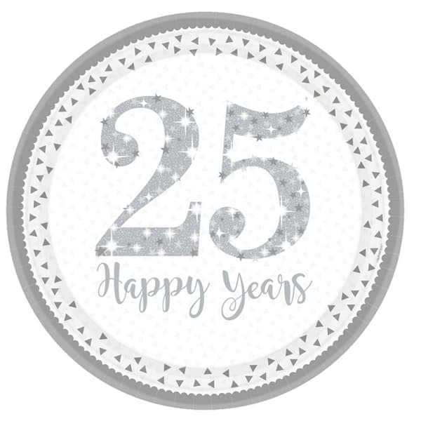 Amscan Silver Anniversary 23cm Plates (Pack Of 8) Silver/White One Size