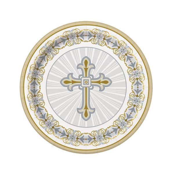 Unique Party Radiant Cross Paper Party Christening Plates (Pack Of 8) White/Silver/Gold One Size