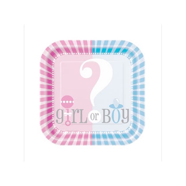 Unique Party Square Gender Reveal Disposable Plates (Pack of 8) Pink/Blue One Size