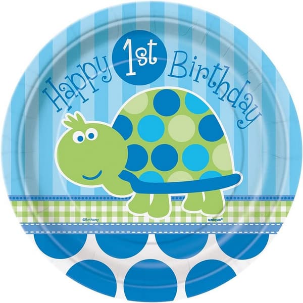 Unique Party Skildpadde 1 års fødselsdagstallerkener (pakke med 8) Blue One Size