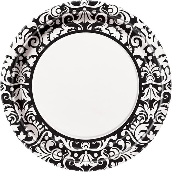 Unique Party Damask Disposable Plates (Pack of 8) Black/White One Size