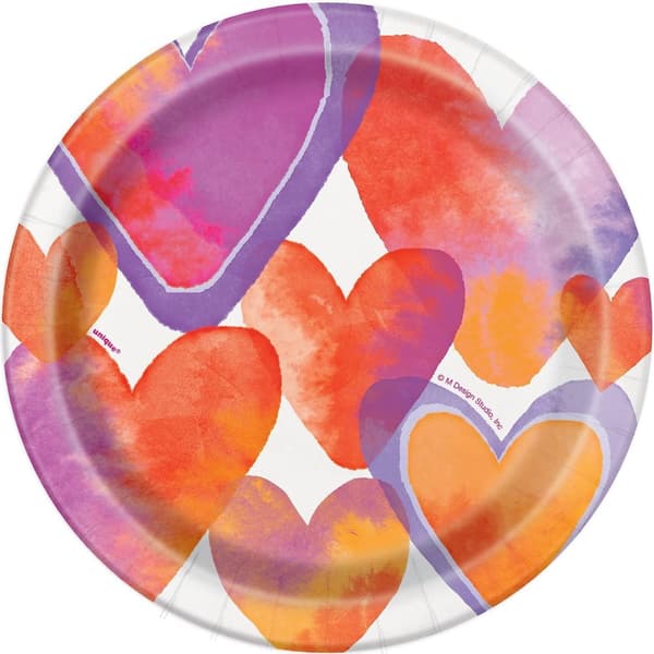Unique Party Watercolour Hearts Valentine`s Day Plate (Pack of 8) Orange/Purple/White One Size