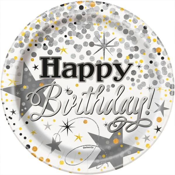 Unique Party Foil Glitter Birthday Party Plates (Pack of 8) Silver/White One Size