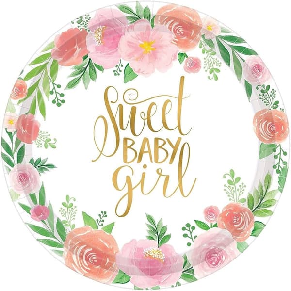 Amscan Paper Floral Baby Shower Party Plates (Pack of 8) White/Pink/Green 9in