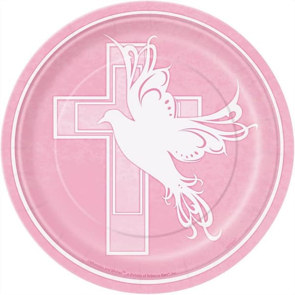 Unique Party Paper Dove Cross Christening Party Plates (Pack of 8) Pink/White One Size