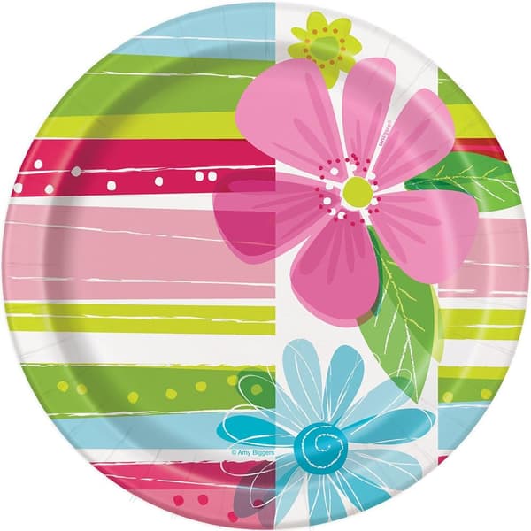 Unique Party Flowers Party Plates (Pack of 8) Pink/Blue/Green One Size