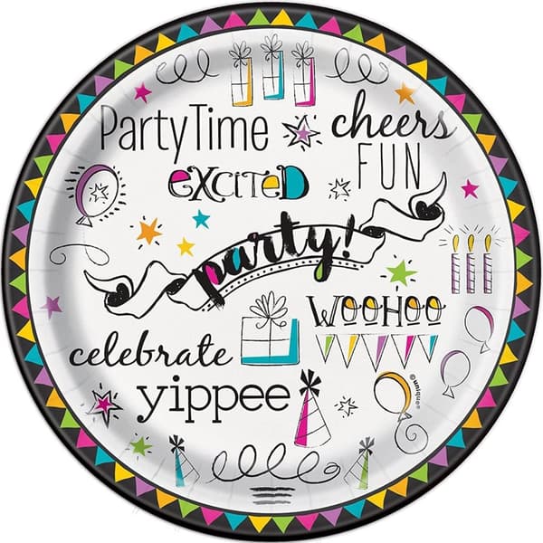 Unique Party Doodle Happy Birthday Party Plates (Pack of 8) Multicoloured One Size