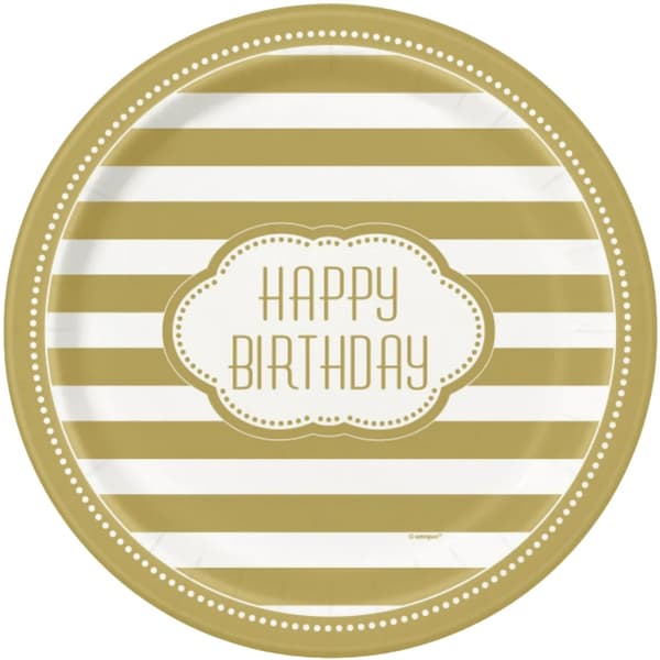 Unique Party Striped Birthday Party Plates (Pack of 8) White/Gold One Size