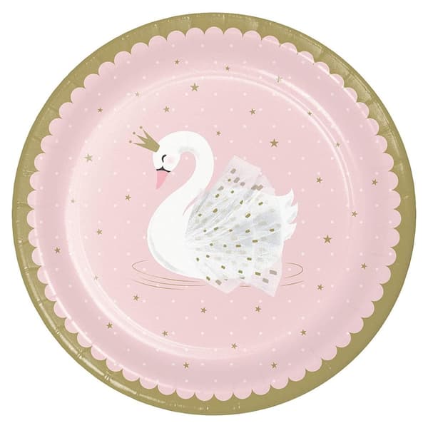 Creative Party Paper Swan Princess Dinner Plate (Pack of 8) Pink/Gold/White One Size