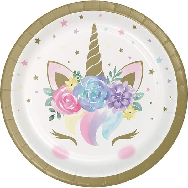Creative Party Paper Floral Unicorn Disposable Plates (Pack of 8) White/Multicoloured One Size