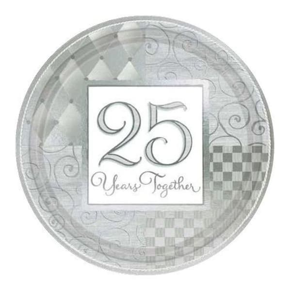 Amscan Together Met 25th Anniversary Party Plates (Pack of 8) Silver/White One Size