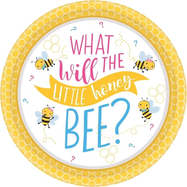 Amscan What Will It Bee? Paper Gender Reveal Party Plates (Pack of 8) Yellow/White/Blue 10in