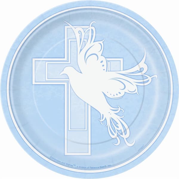 Unique Party Paper Dove Cross Christening Party Plates (Pack of 8) Blue/White One Size