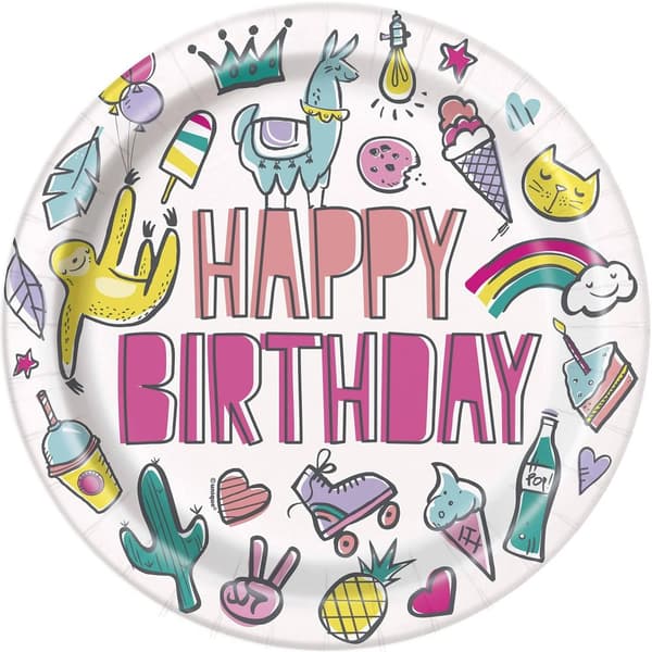 Unique Party Round Happy Birthday Disposable Plates (Pack of 8) Multicoloured One Size