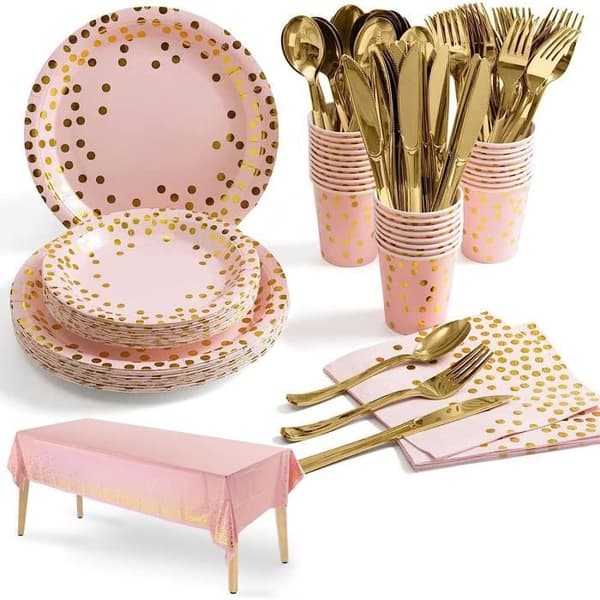 141st Rosa Guld Festservis, Födelsedagsserviskit Middagstallrik Pappersservett, Fest Bröllop Baby Shower Jul