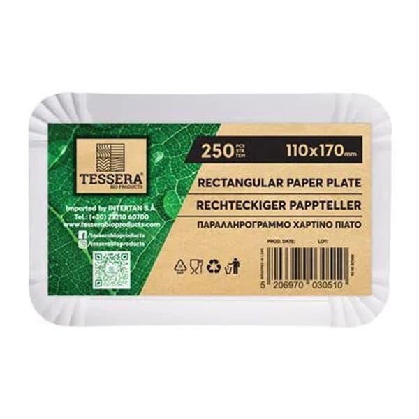Tessera bio produkter - QXH1117 - Paket av 250 rektangulära tallrikar i vitt kartong Bredd 11 cm Längd 17 cm