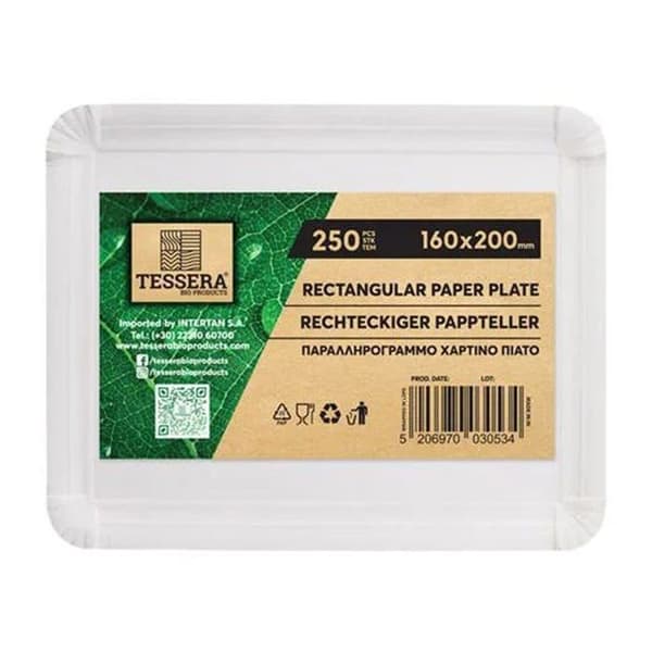 Tessera bioprodukter - QXH1620 - Förpackning med 250 rektangulära papperstallrikar Vit Bredd 16 cm Längd 20 cm