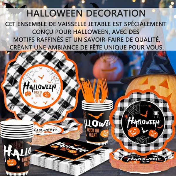 INN Halloween 120st Halloween Festservis med tallrikar Koppar Gaffel etc Servett Halloween Tillbehör Set för 24 inv