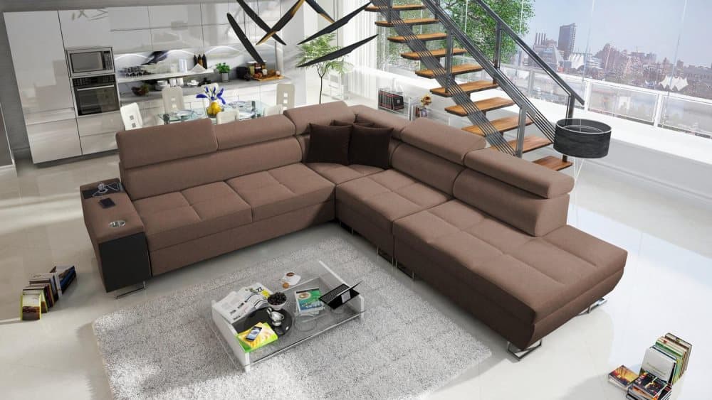 MORENA IX BÄDDSOFFA 283x298 HÖGER BRUN MED USB