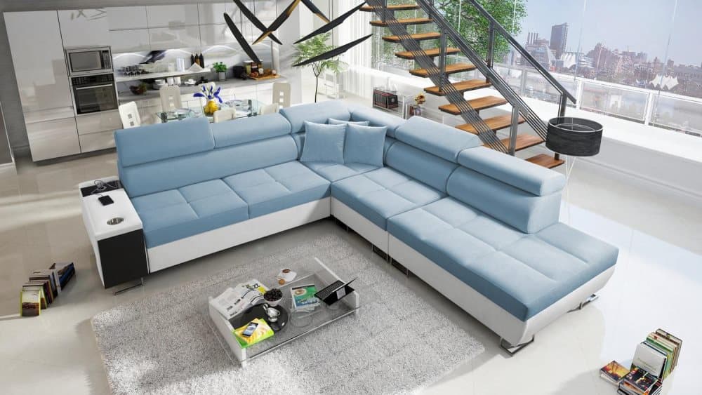 MORENA IX BÄDDSOFFA 283x298 HÖGER VIT/ BLÅ SAMMET MED USB