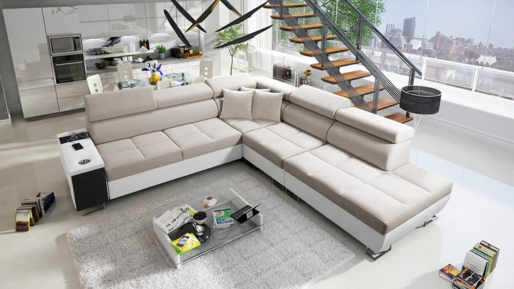 MORENA IX BÄDDSOFFA 283x298 HÖGER VIT/ BEIGE SAMMET MED USB