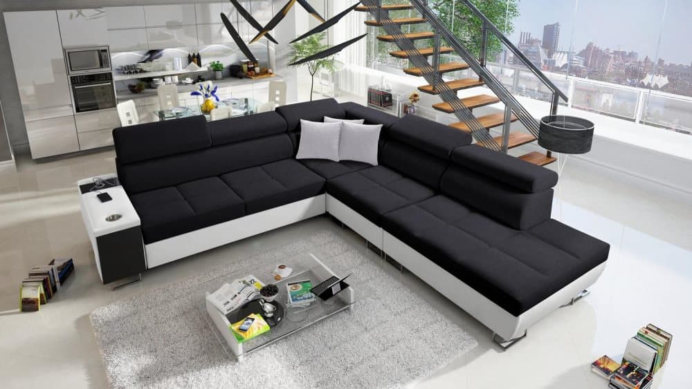 MORENA IX BÄDDSOFFA 283x298 HÖGER VIT/ SVART MED USB