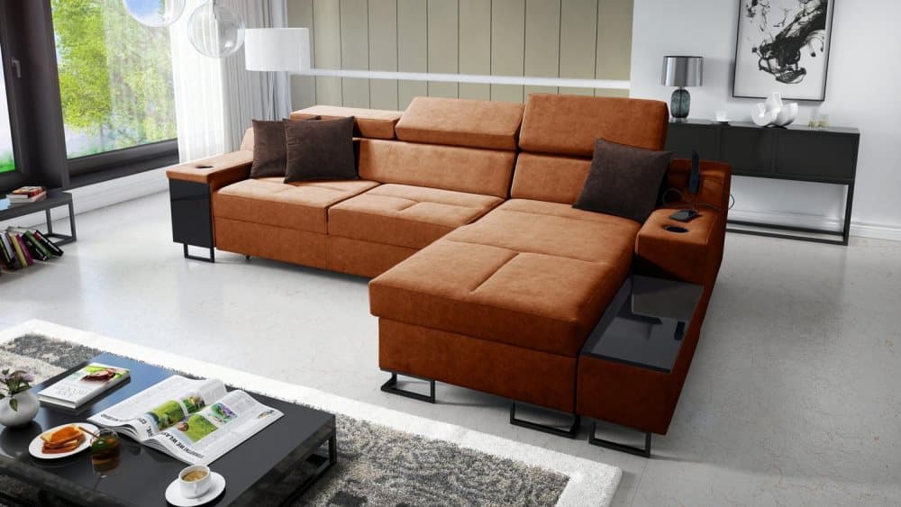 ALICANTE I MAXI BÄDDSOFFA 293x183x100 MED USB HÖGER ORANGE/BRUN