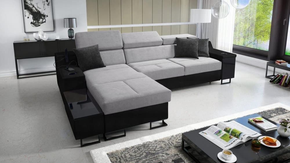 ALICANTE I MAXI BÄDDSOFFA 293x183x100 MED USB VÄNSTER SVART/LJUSGRÅ