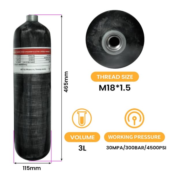Högtryckskolfiberdykarkolv, 3L kapacitet, M18*1.5 gänga, 300 BAR arbetstryck,3L med ventil