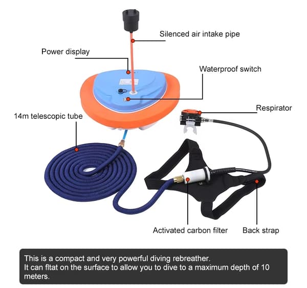 53L/min 3,5H 10m bärbar tanklös vattentät uppladdningsbar undervattens snorkel, dykning snorkelutrustning, mobil dykventilator
