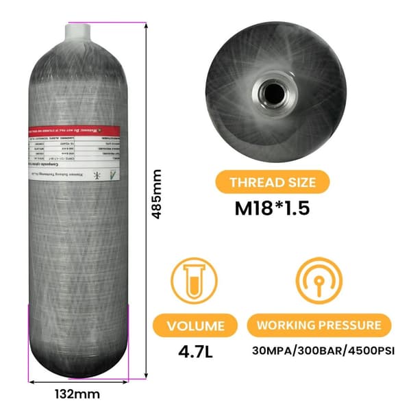 4500psi/300Bar 4,7L kolfibercylinder med ventil, högtryckstank för dykning med M18*1,5 gänga