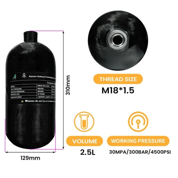 4500psi/300Bar 2,5L kolfibercylinder med ventil, högtryckstank för dykning med M18*1,5 gänga